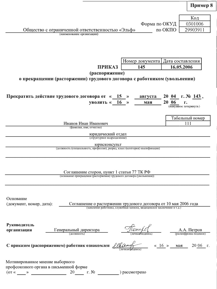 образец приказа об увольнении по соглашению сторон в рб img-1